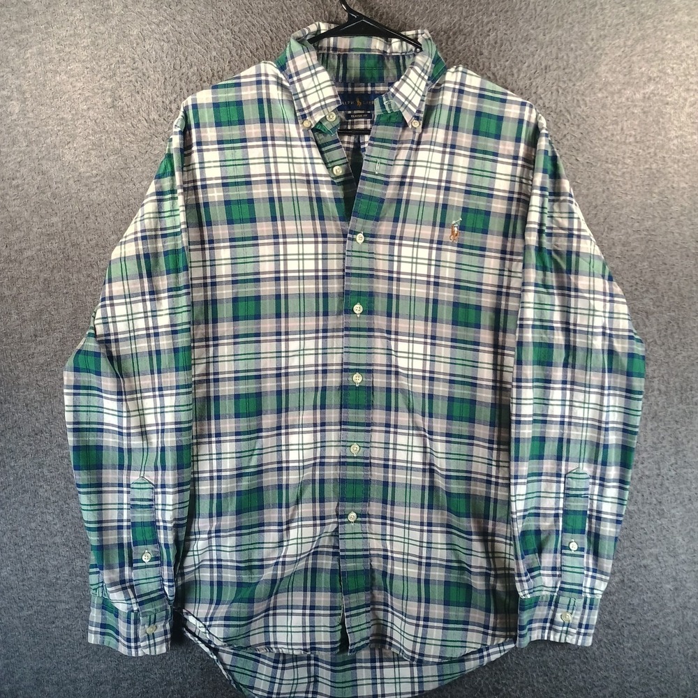 Ralph Lauren Button Up Long Sleeve Shirt Mens M Plaid Green Blue Flesh Pony